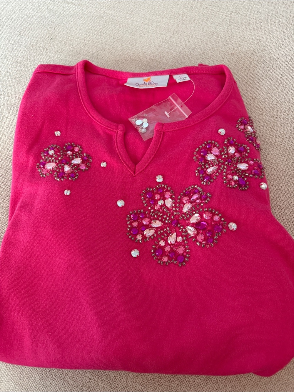 Quacker Factory Fuchsia Pink 3/4 Sleeve Tee with Jeweled Floral Accents